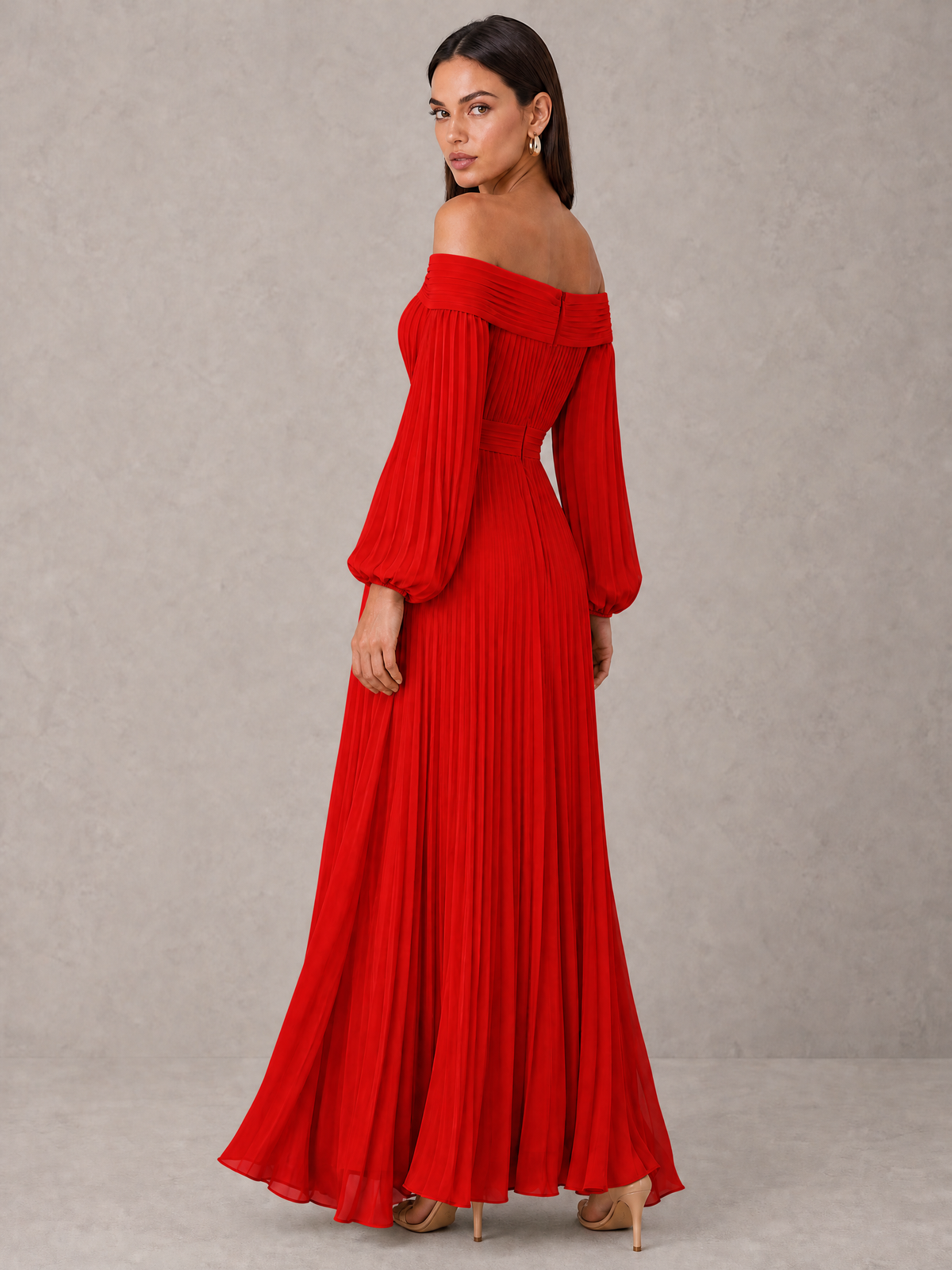 BOLODOO Red Off-Shoulder Long Sleeve Pleated High-Low Dress - Red - Red_2