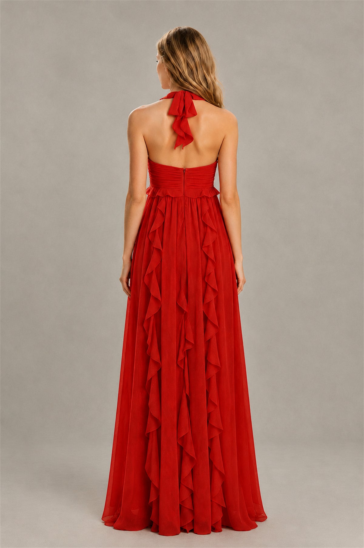 BOLODOO Red Halter Ruffle A-Line Floor-Length Evening Dress - Red - Red_2