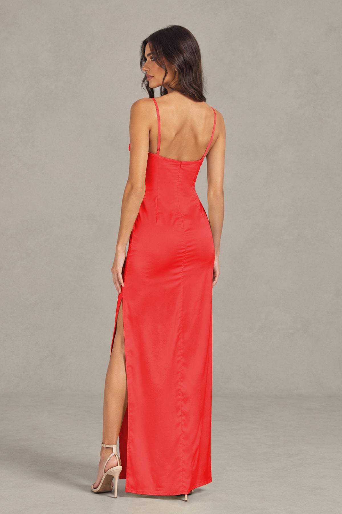 BOLODOO Red Satin Cowl Neck Open Back Mermaid Maxi Dress with Side Slit - Red