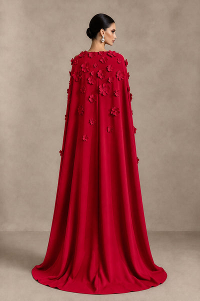 BOLODOO Red 3D Floral Applique Cape Formal Dress - Red - Red_2