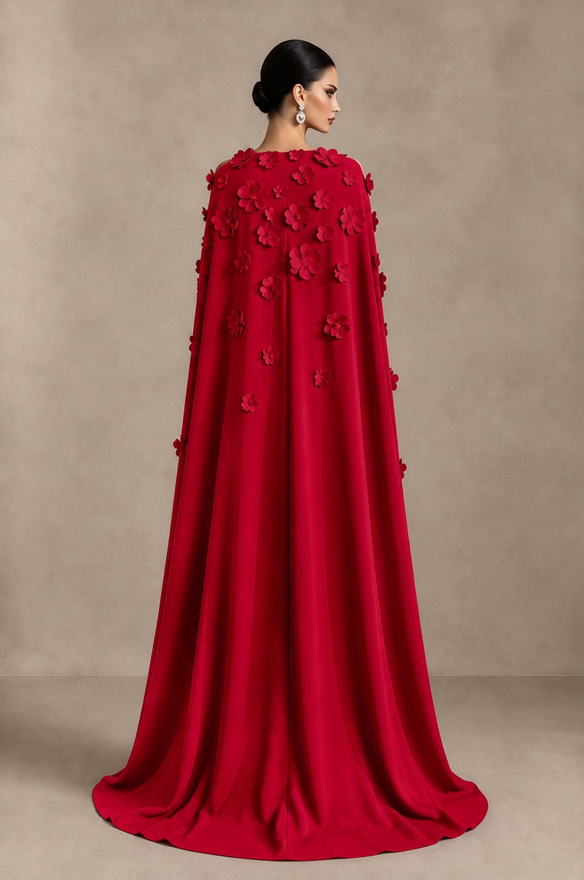 BOLODOO Red 3D Floral Applique Cape Formal Dress - Red - Red_2