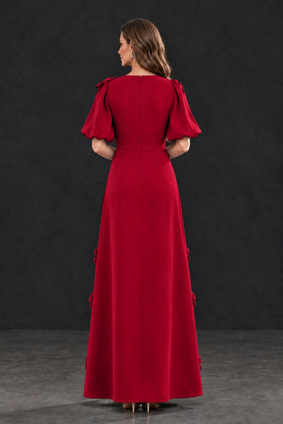 BOLODOO Red Floral Applique Puff Sleeve Mother of the Bride Dress - Red - Red_2