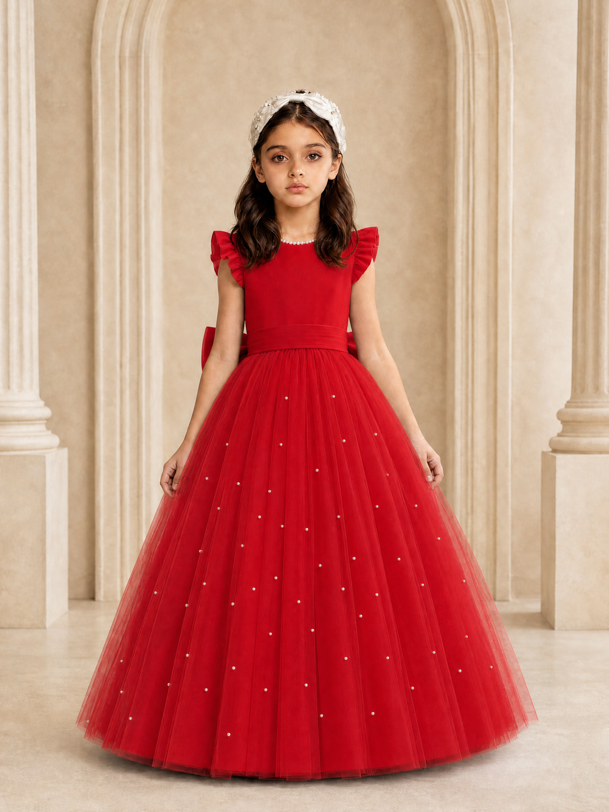 BOLODOO Red Tulle Flower Girl Dress with Ruffle Sleeves & Bow Back - Red - Red_2
