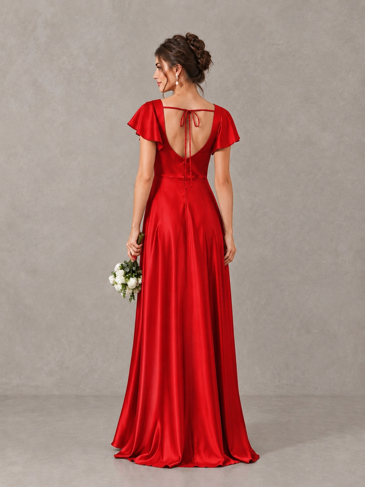 BOLODOO Red Satin Square Neck Flutter Sleeve A-Line Bridesmaid Dress with Slit - Red - Red_2