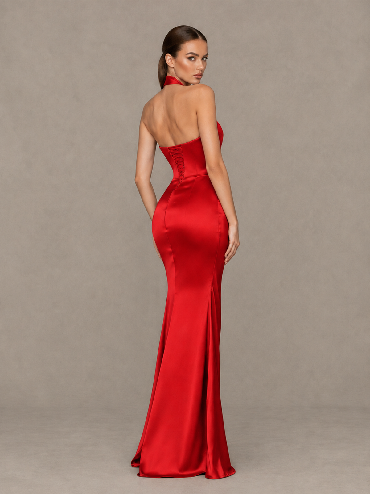 BOLODOO Red Cross-Halter Ruched Satin-Look Evening Gown with High Slit - Red - Red_2