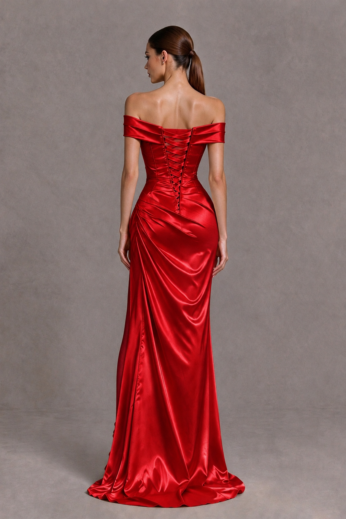 BOLODOO Red Off-the-Shoulder Ruched Satin Prom & Evening Dress with High Slit - Red - Red_2