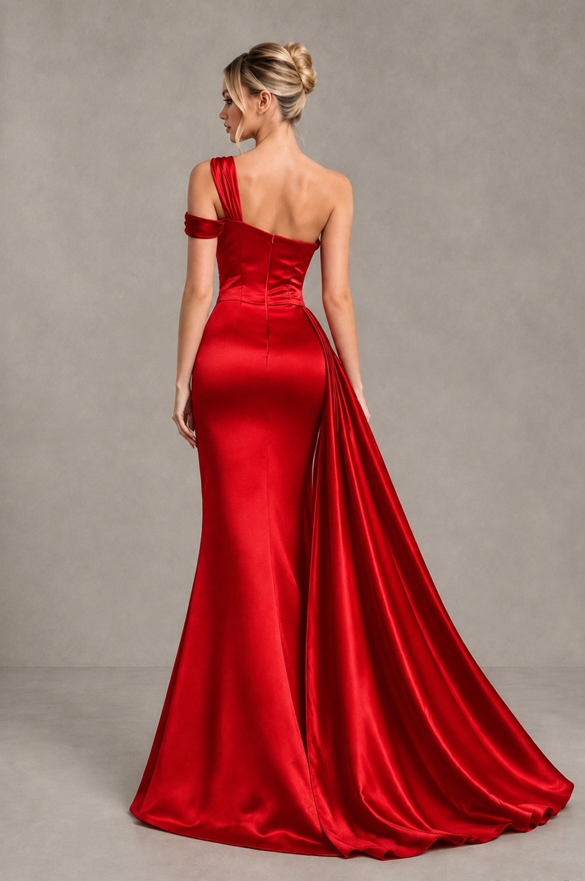 BOLODOO Red Asymmetric Ruched Formal Evening Dress - Red - Red_2