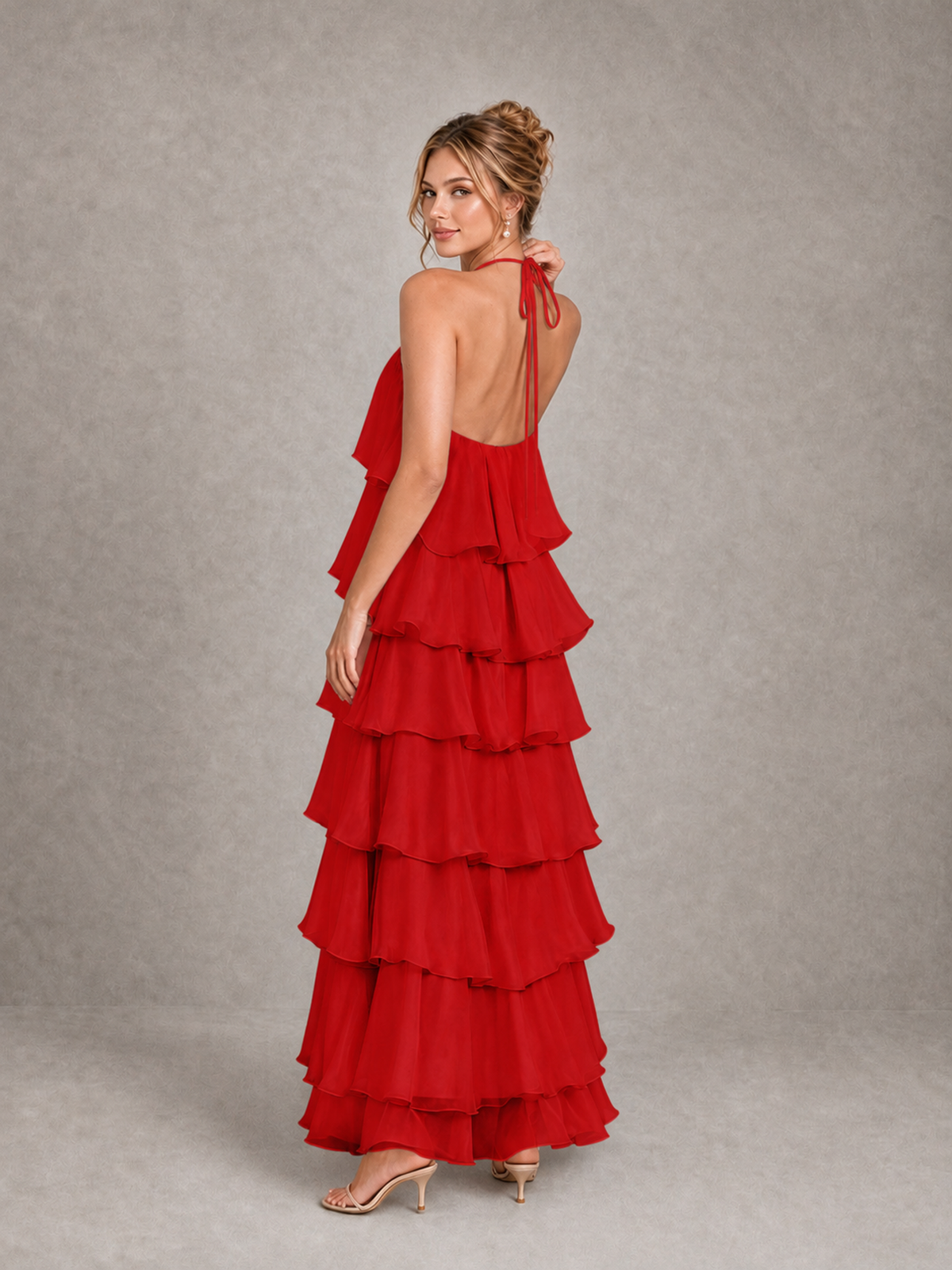 BOLODOO Red Halter Tiered Ruffle Maxi Bridesmaid Dress - Red - Red_2