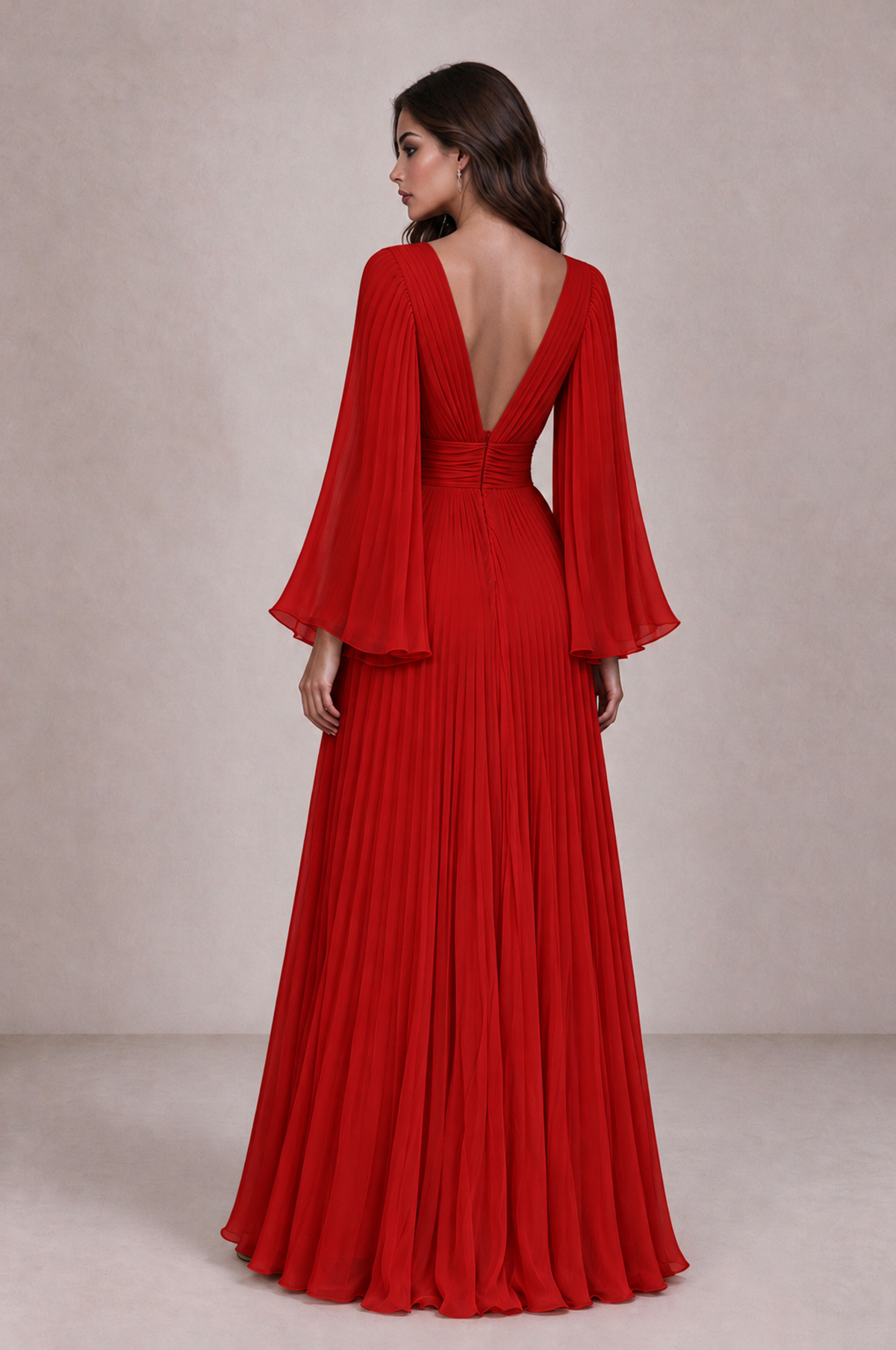 BOLODOO Red Pleated Deep V-Neck Long Bell Sleeve Evening Dress - Red - Red_2