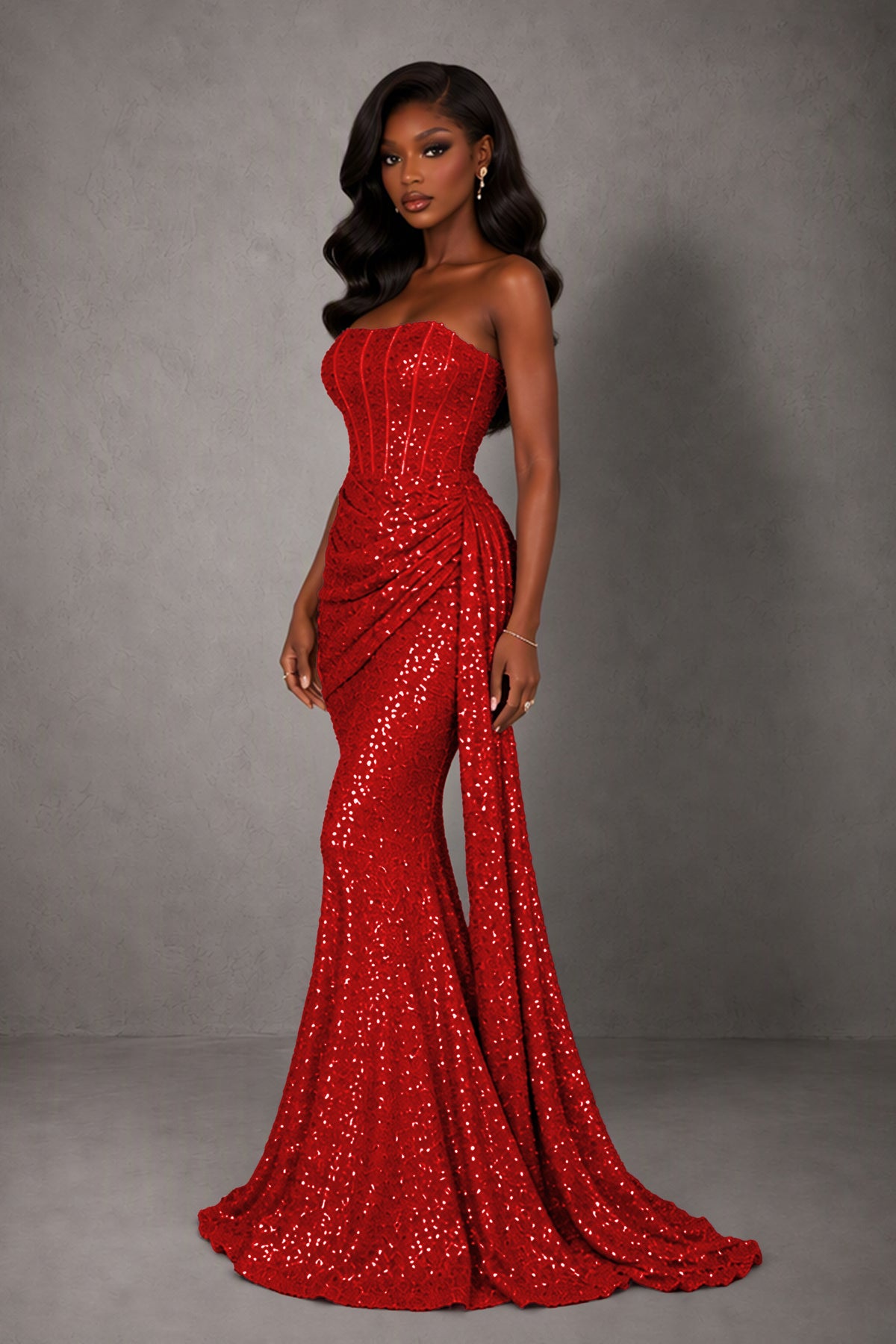 BOLODOO Red Sequin Strapless Corset Mermaid Evening Gown with Train - Red