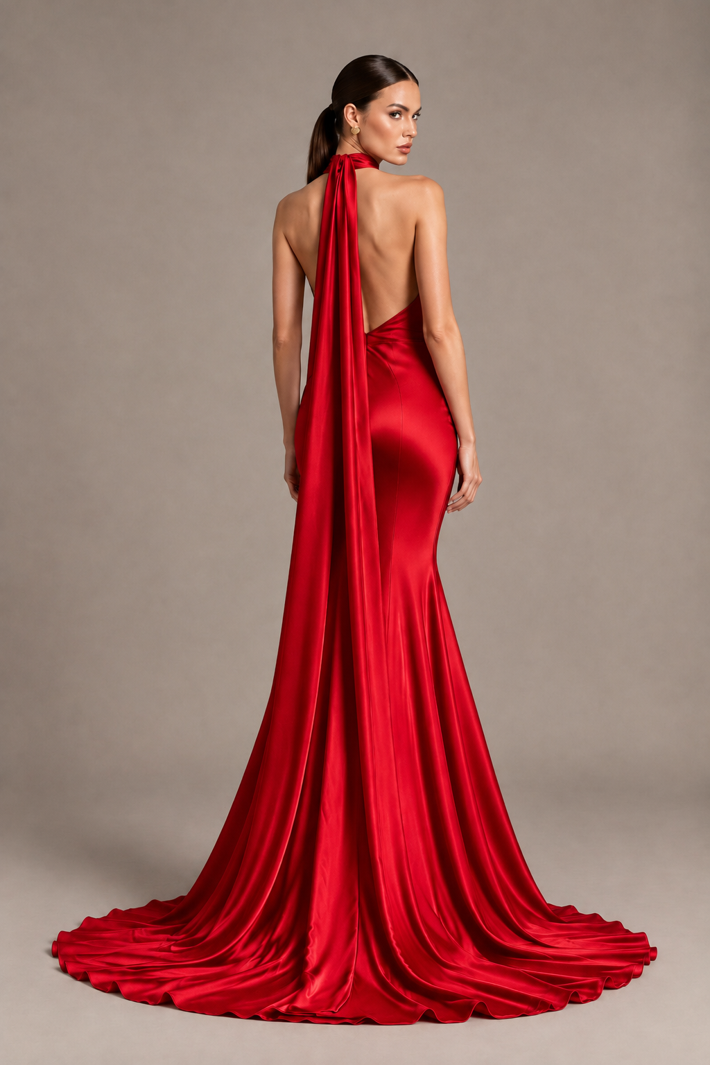 BOLODOO Red One-Shoulder Satin Mermaid Evening Dress with Scarf - Red - Red_2