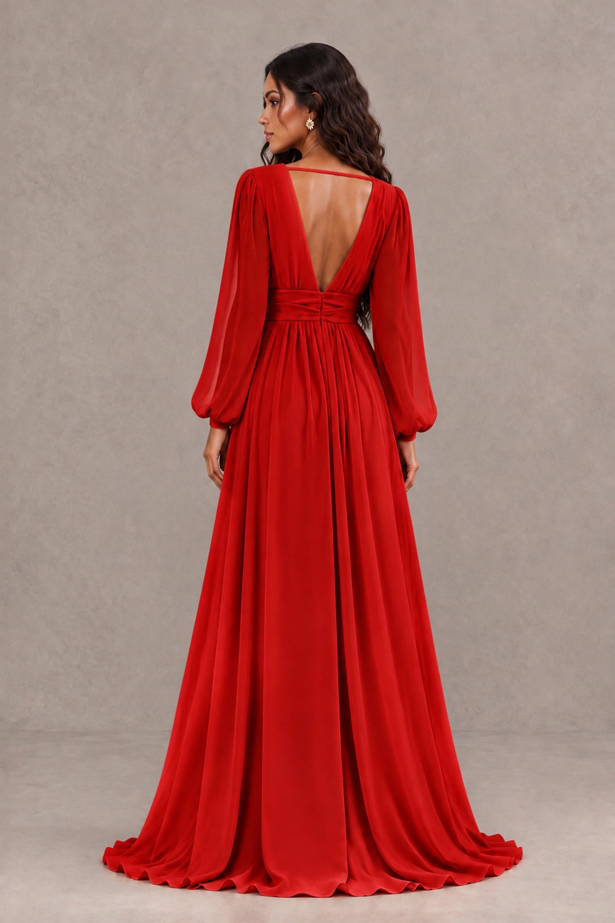 BOLODOO Red Long Sleeve V-Neck A-Line Gown with Open Back & Slit - Red - Red_2