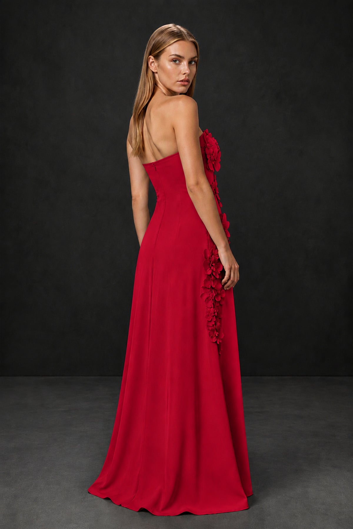 BOLODOO Red Strapless 3D Floral Appliqué Crepe Maxi Gown - Red