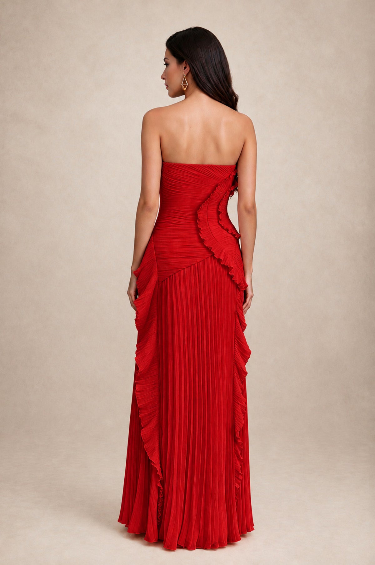 BOLODOO Red Strapless Ruffle Pleated Slit Evening Gown - Red - Red_2