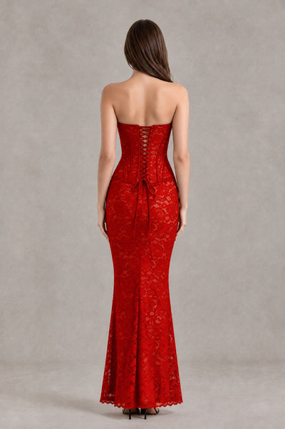 BOLODOO Red Strapless Lace Corset Wedding Guest Dress - Red - Red_2