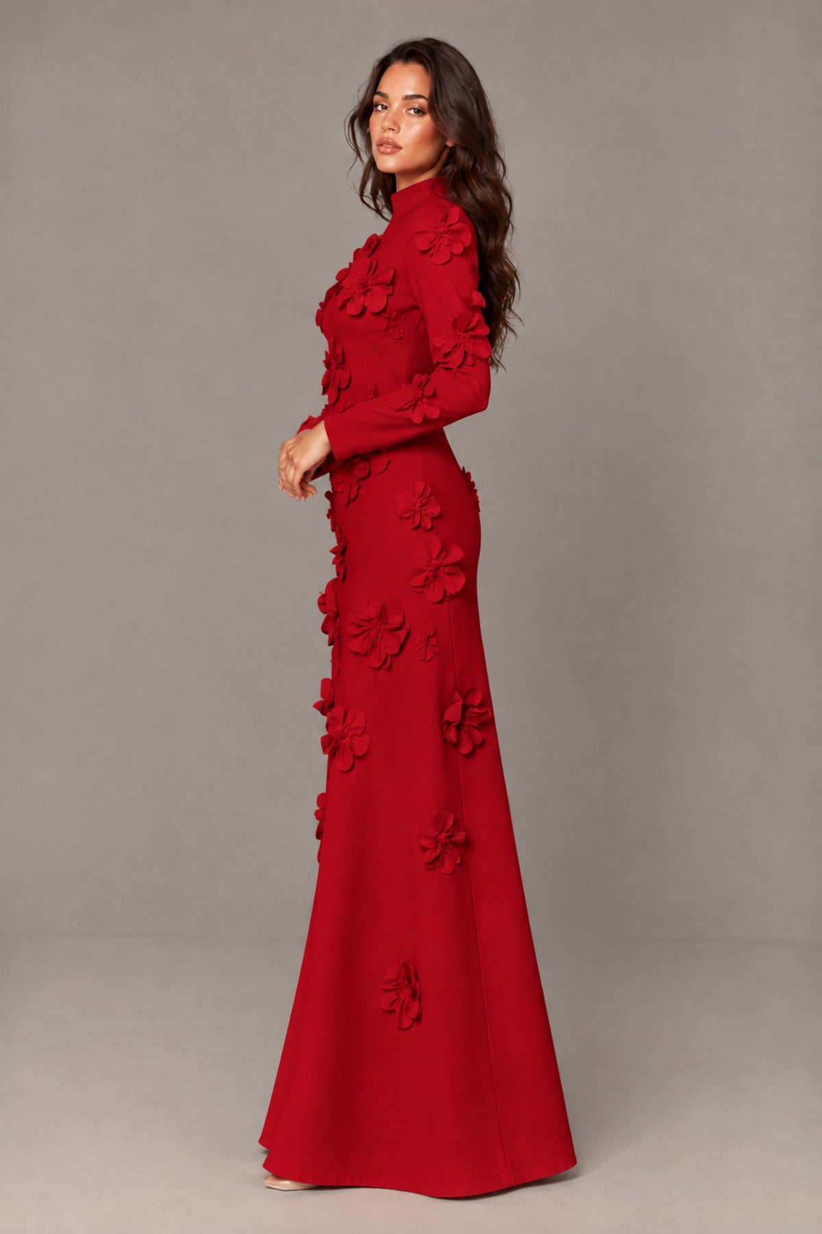 BOLODOO Red High Neck Long Sleeve 3D Floral Evening Gown - Red