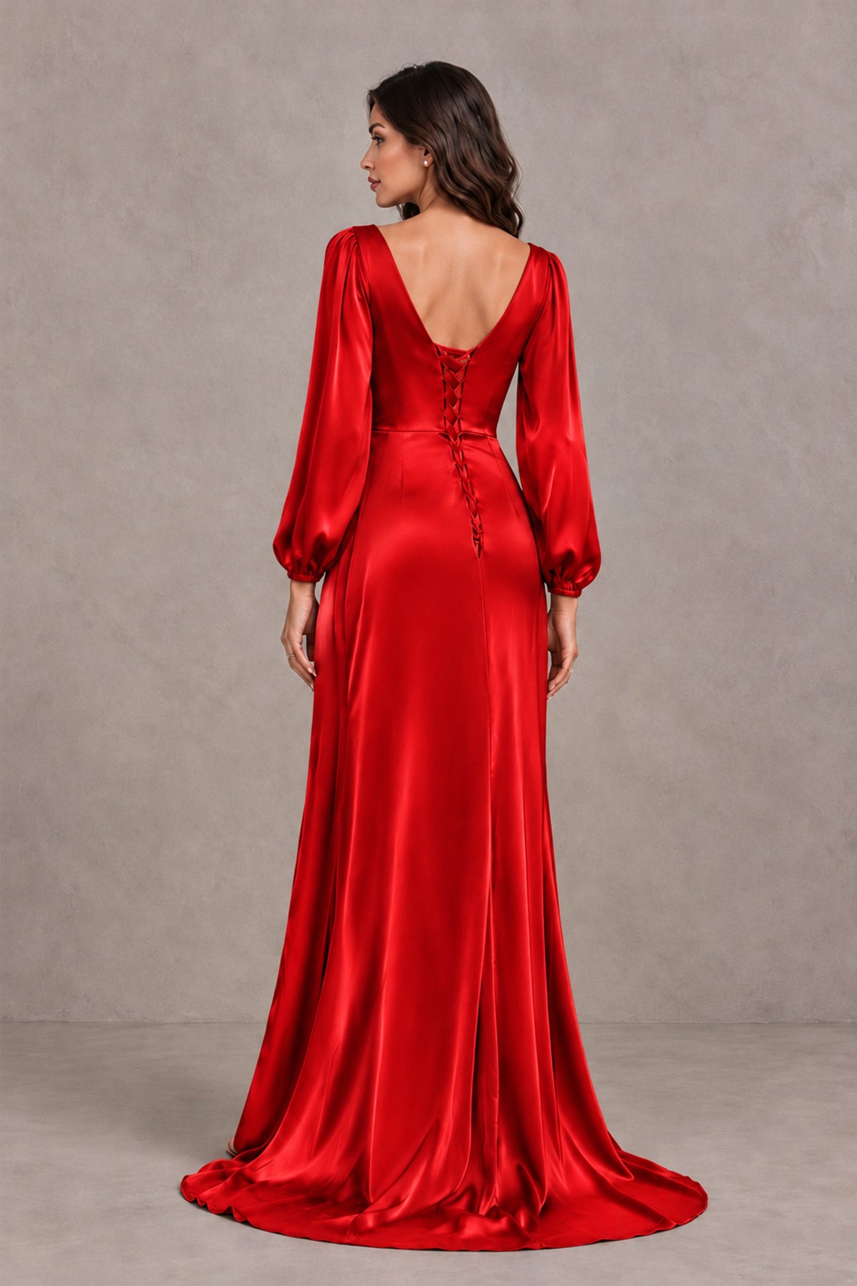 BOLODOO Red Satin-Look Long Sleeve Evening Dress with High Slit - Red - Red_2