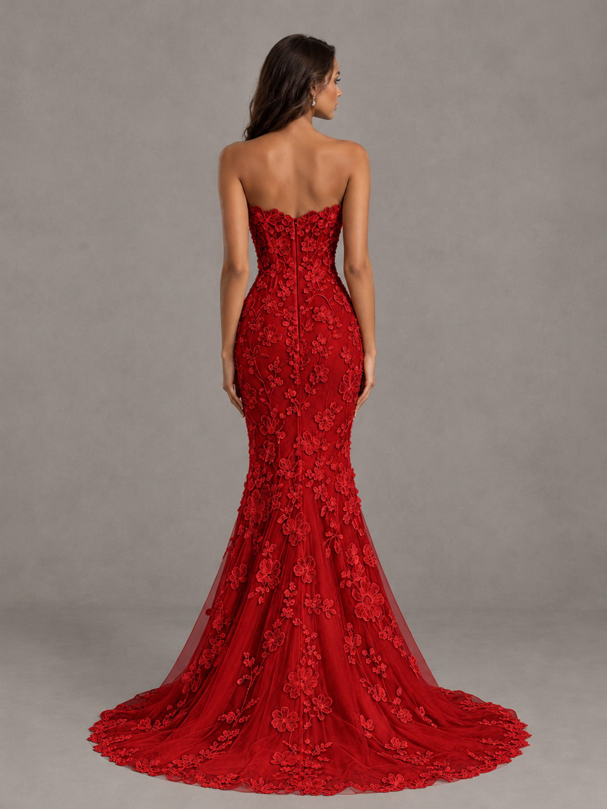 BOLODOO Red Strapless 3D Floral Lace Mermaid Prom Dress with Train - Red - Red_2