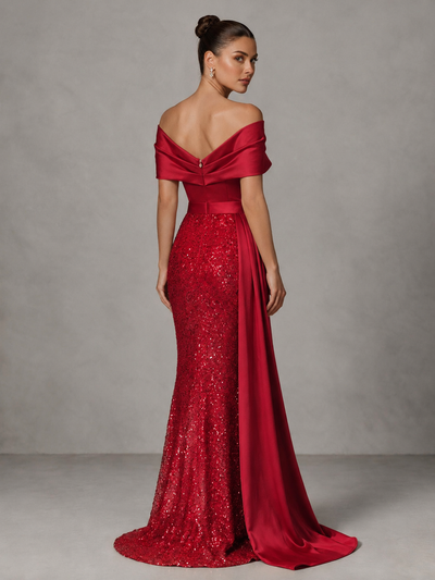 BOLODOO Red Sequin Mermaid Evening Dress with Off-Shoulder Satin Drape and Sweep Train - Red - Red_2