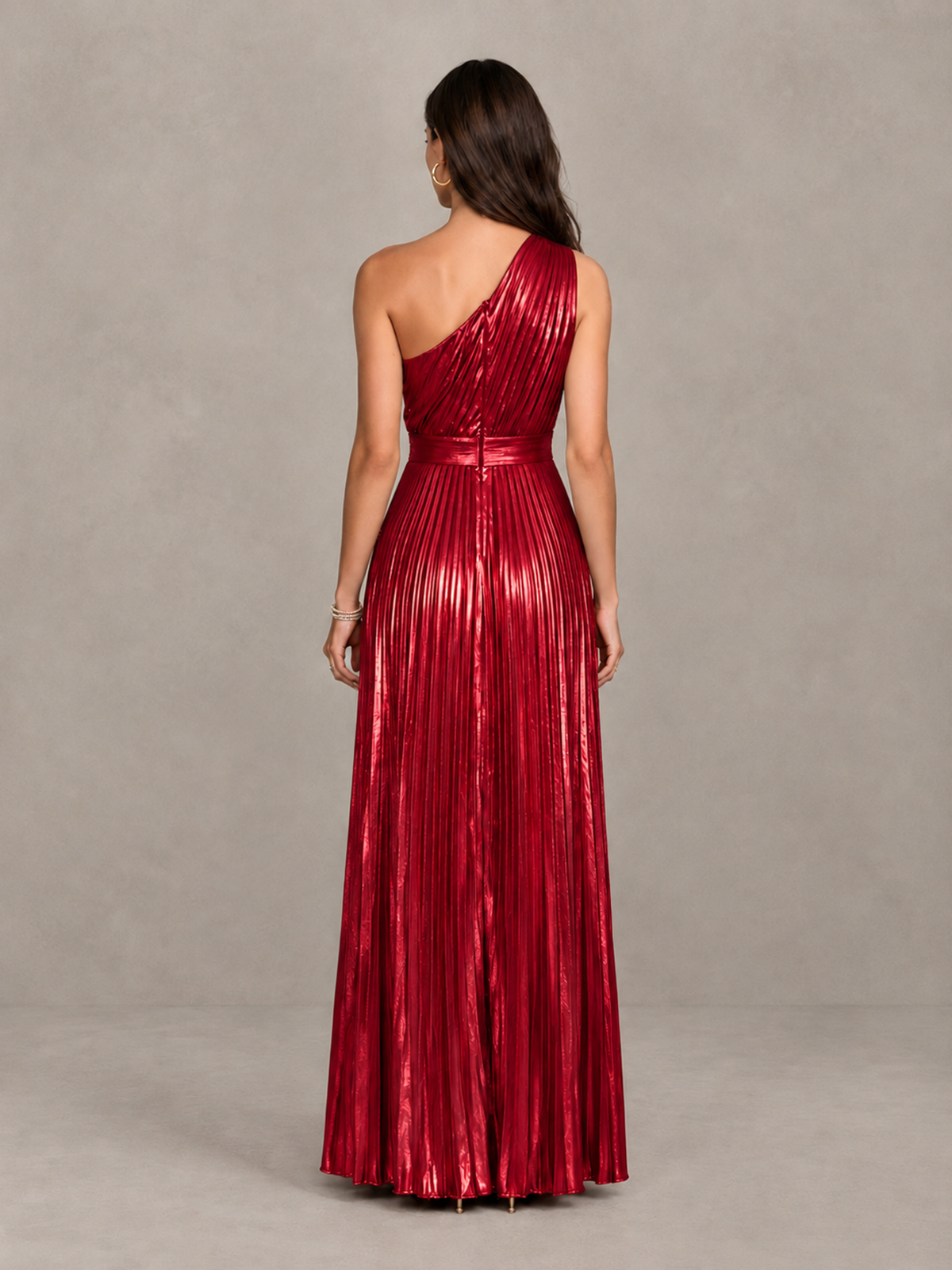 BOLODOO Red One-Shoulder Metallic Pleated Wide-Leg Jumpsuit - Red - Red_2