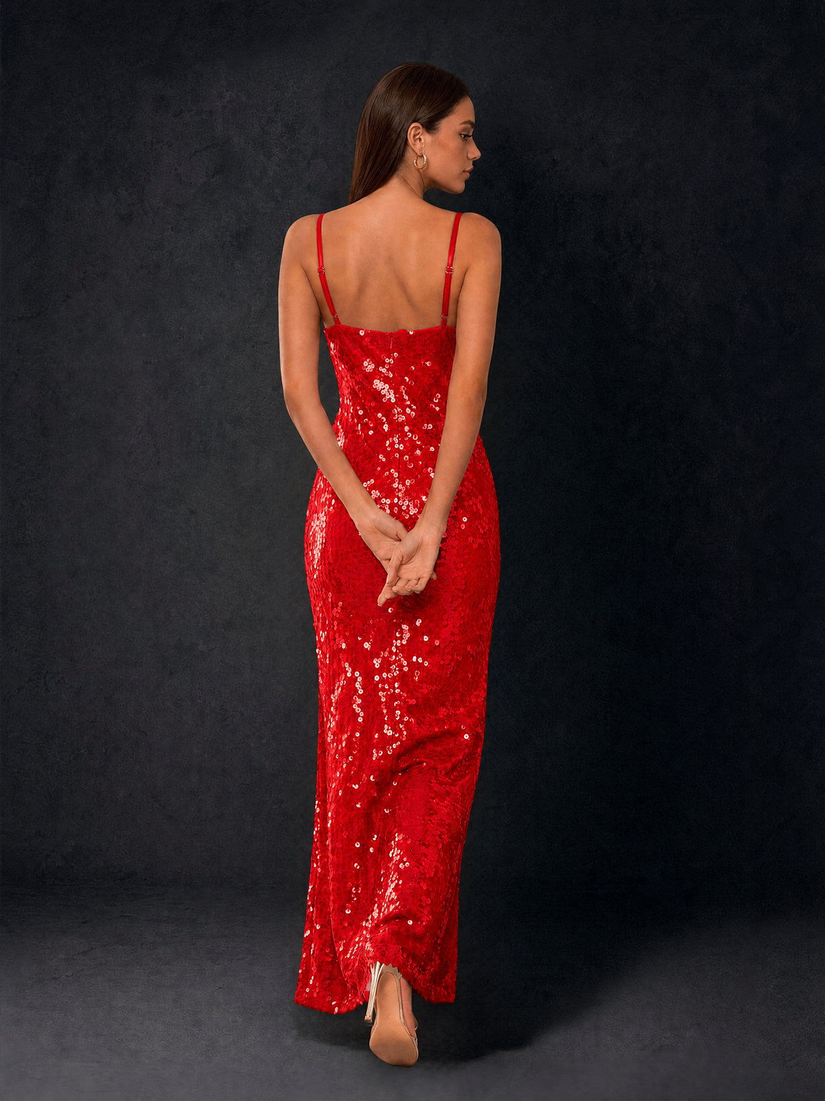 BOLODOO Bronze Sequin Cowl Neck Spaghetti Strap Mermaid Maxi Dress with Open Criss-Cross Back - Red - Red