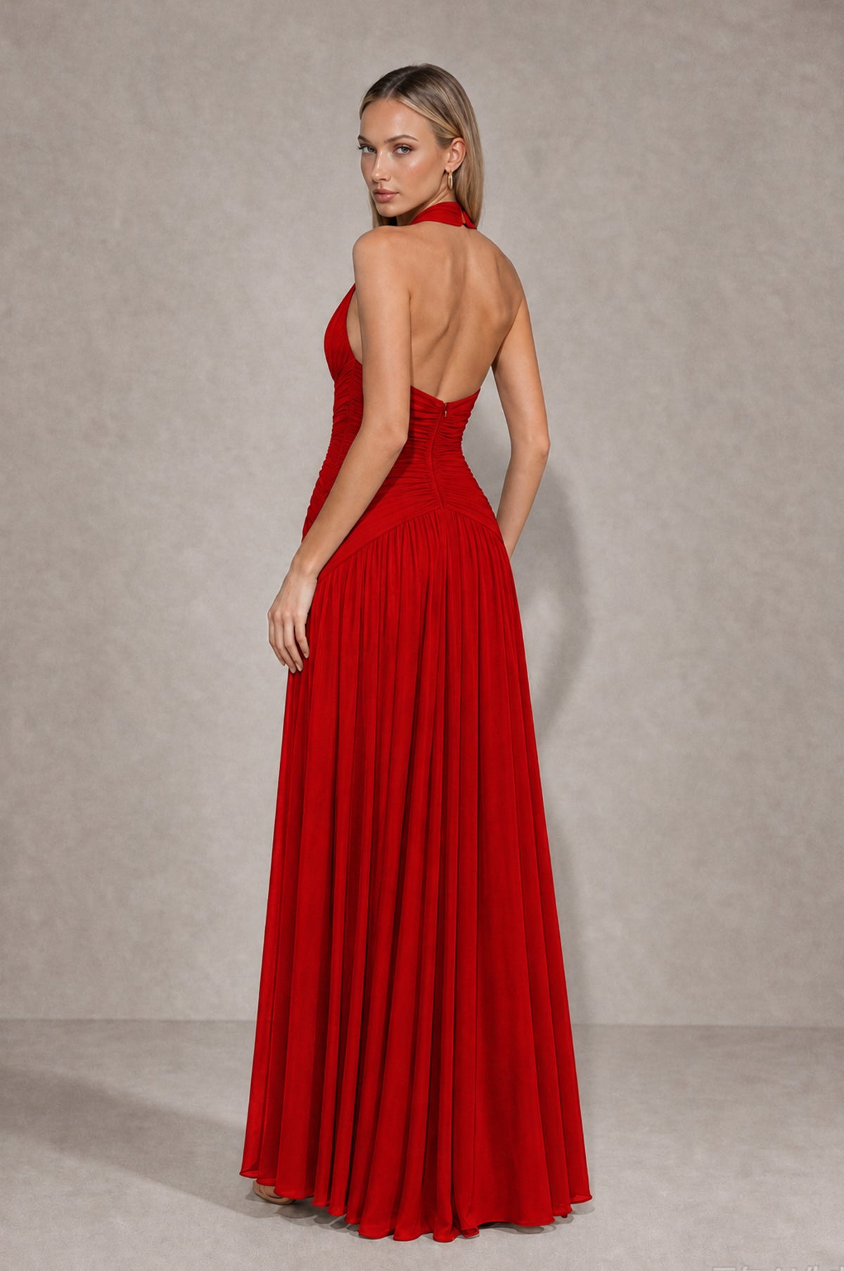BOLODOO Red Chiffon Halter Deep V-Neck Ruched A-Line Backless Maxi Dress with Train-BD0167 - Red - Red_2