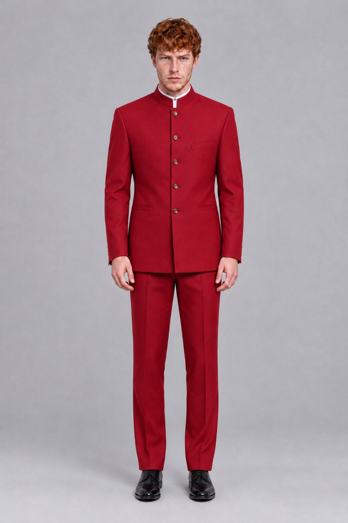 BOLODOO Men's Red Mandarin Collar Two-Piece Suit - Red - Red_2