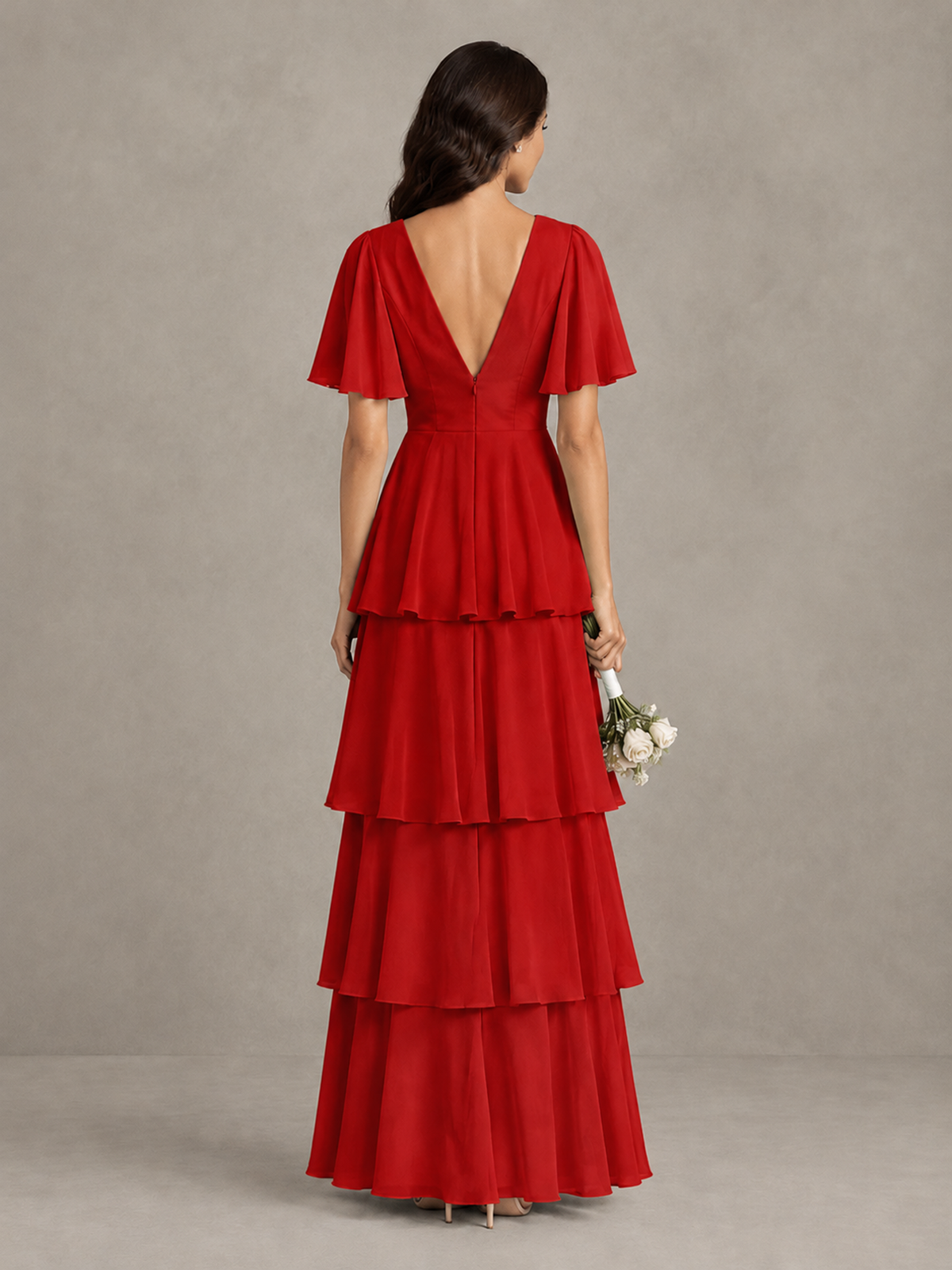 BOLODOO Red Tiered Flutter Sleeve Bridesmaid Dress - Red - Red_2