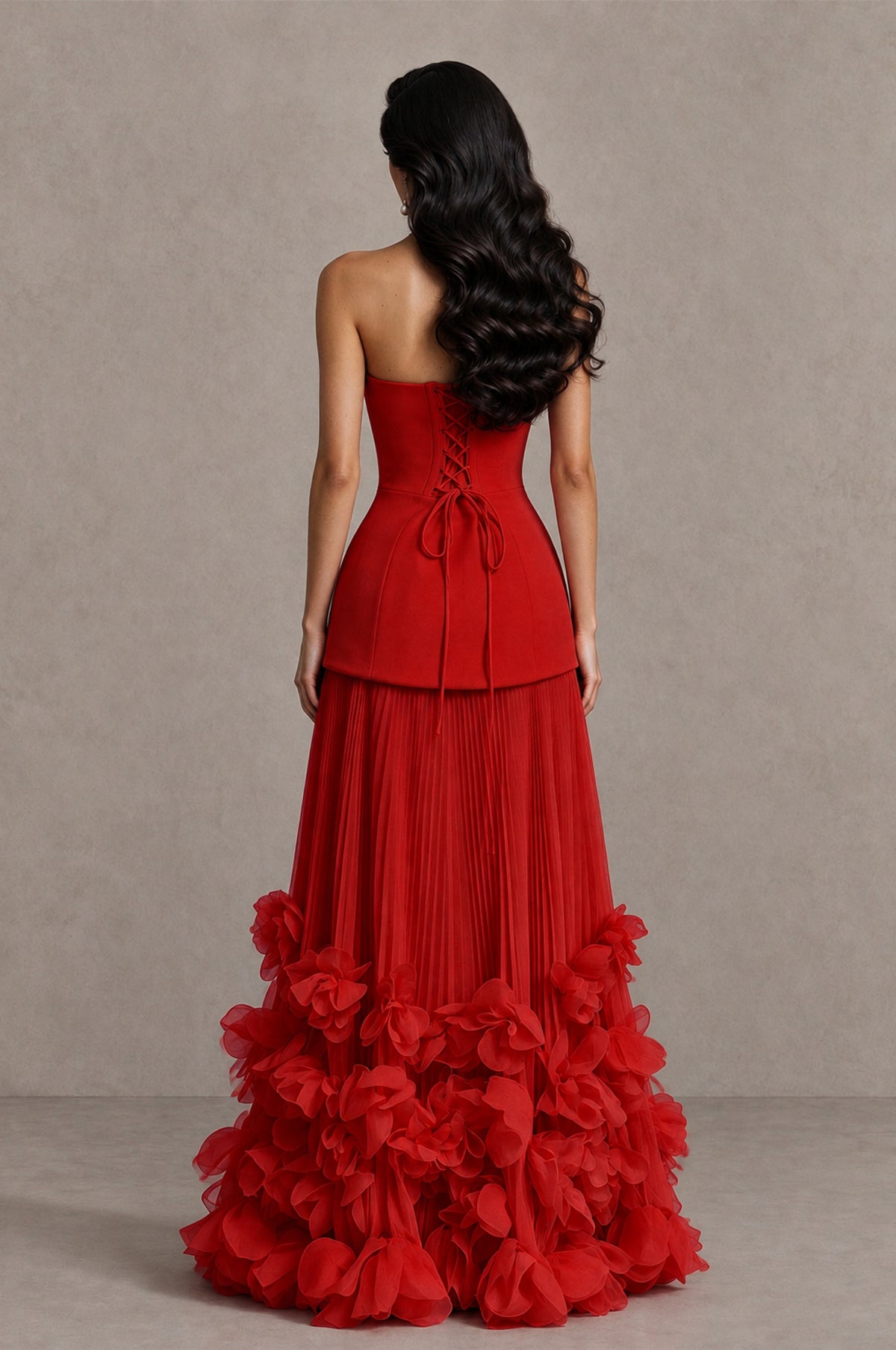 BOLODOO Red Strapless Pleated Floral Hem Evening Gown - Red - Red_2