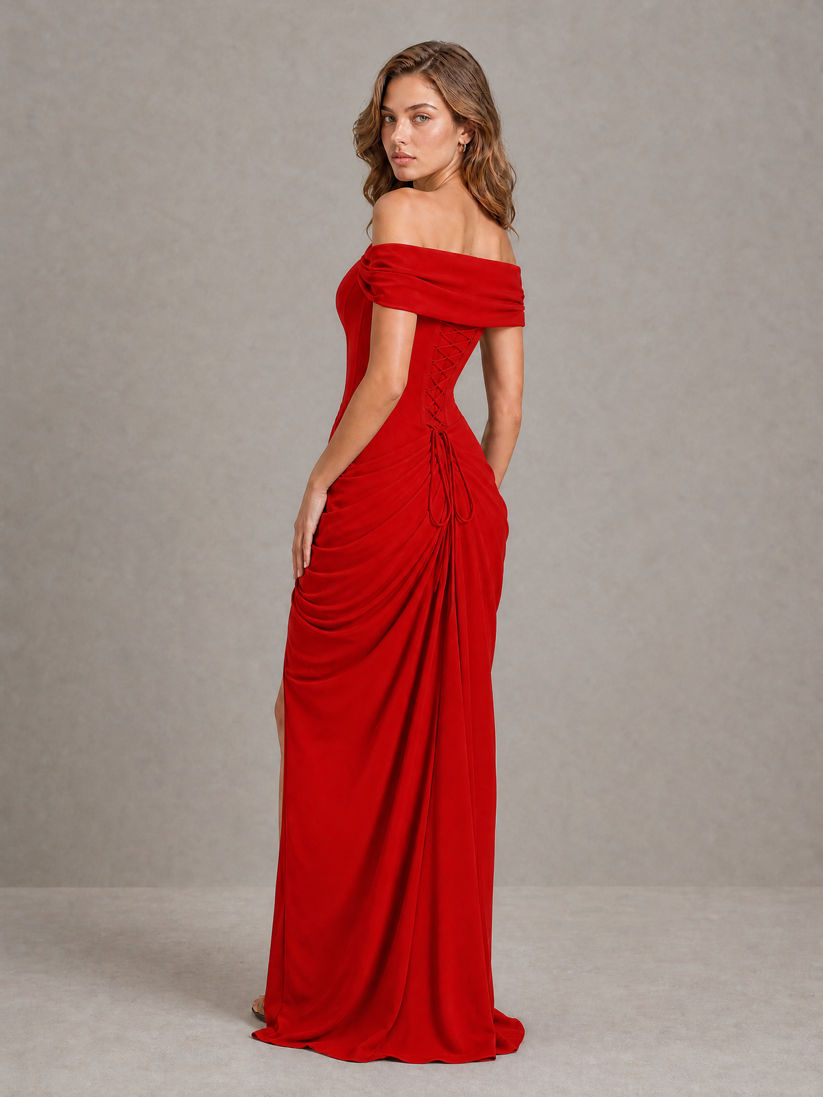 BOLODOO Red Off-Shoulder Ruched Corset Wedding Guest Dress with Slit - Red - Red_2