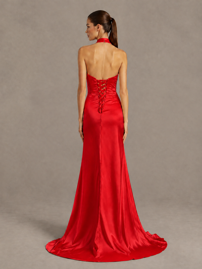 BOLODOO Red Halter Satin Evening & Prom Dress with High Slit - Red - Red_2