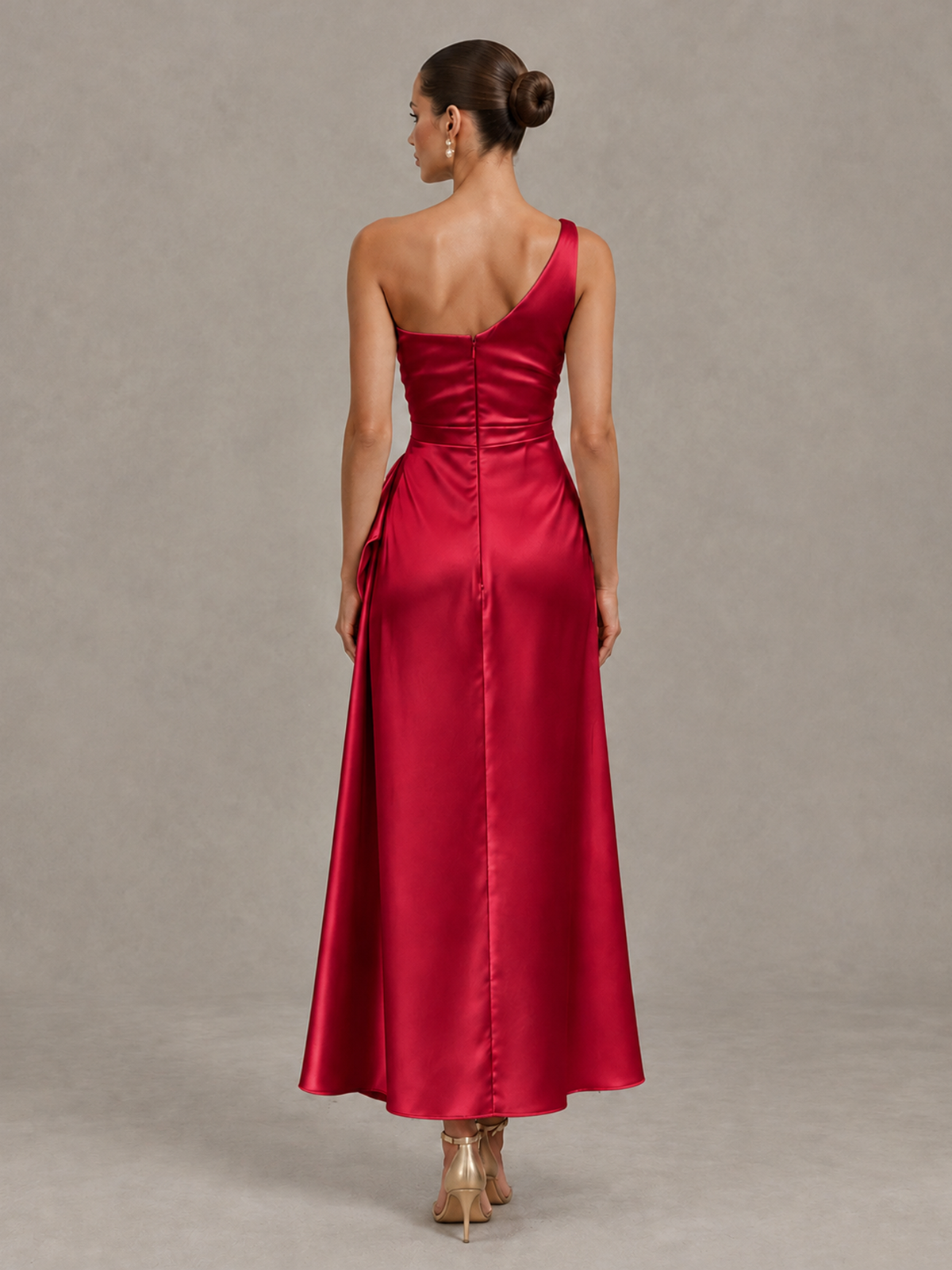 BOLODOO Red One Shoulder Satin Cocktail Dress with Draped A-Line Skirt - Red - Red_2