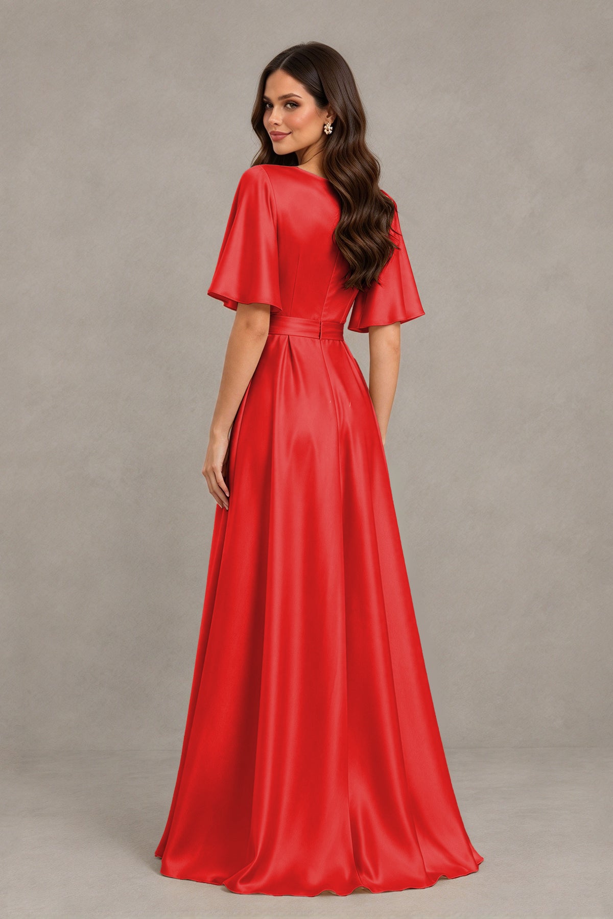 BOLODOO Red Satin V-Neck Flutter Sleeve Bridesmaid Dress with Slit - Red - Red(2)