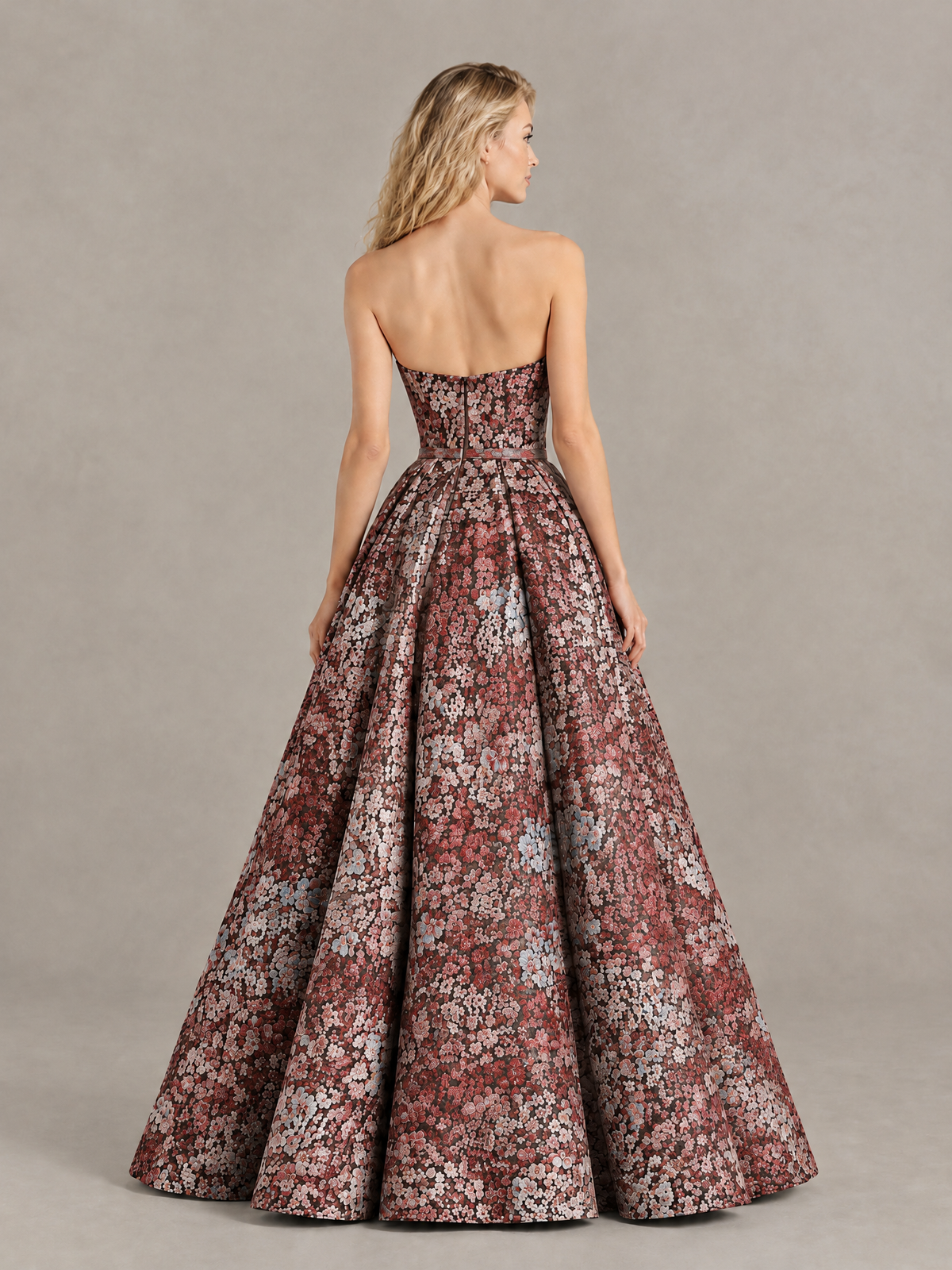 BOLODOO Red Grey Floral Strapless A-Line Evening Gown - Red - Red(2)