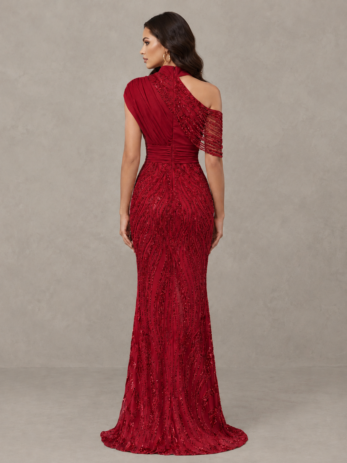 BOLODOO Red High Neck Draped Sequin Mermaid Evening Gown - Red - Red_2