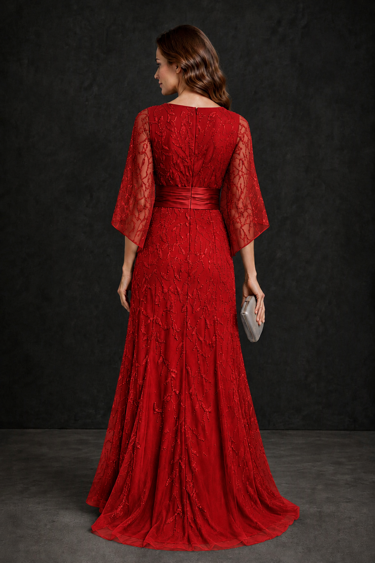BOLODOO Red Bateau Neck Bell Sleeve Sequin Embroidered Satin Waist A-Line Maxi Dress - Red - Red_2