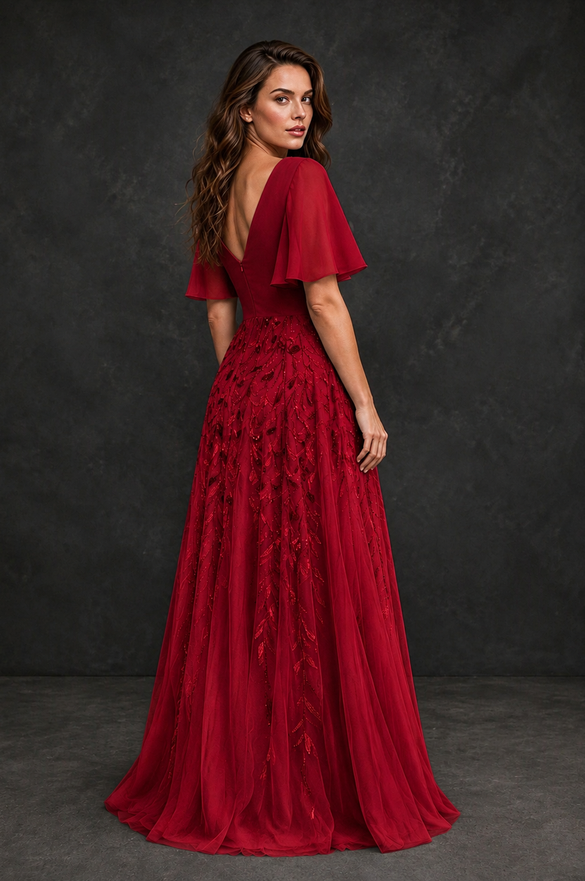 BOLODOO Red V-Neck Flutter Sleeve Beaded Botanical Tulle A-Line Gown | Mother of the Bride Evening Dress - Red - Red_2