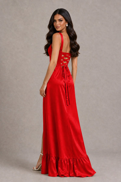 BOLODOO Red Square Neck Satin Evening Dress with Lace-Up Back and High Slit - Red - Red_2
