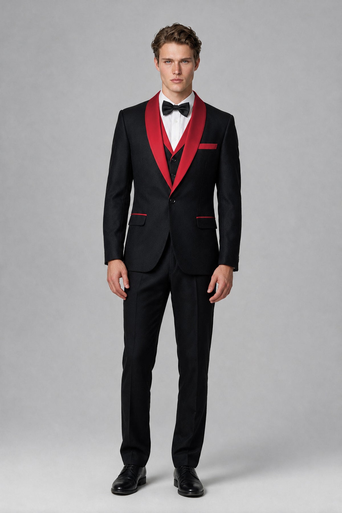 Bolodoo Men's Red 3-Piece Shawl Lapel Tuxedo Suit - Red - Red_2