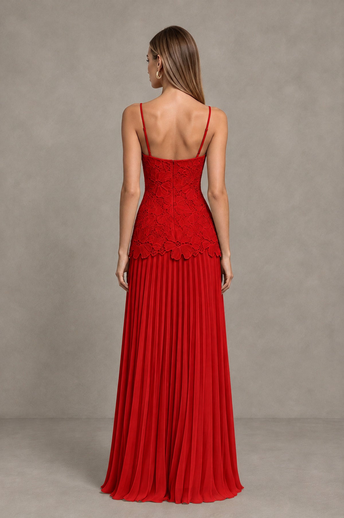 BOLODOO Red Lace Bodice Pleated Wedding Guest Dress - Red - Red_2