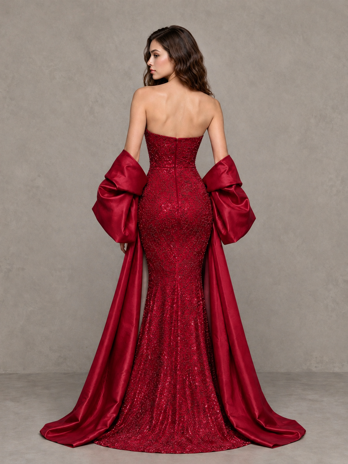 BOLODOO Red Strapless Sparkle Mermaid Prom Dress with Front Slit and Draped Sleeves - Red - Red_2