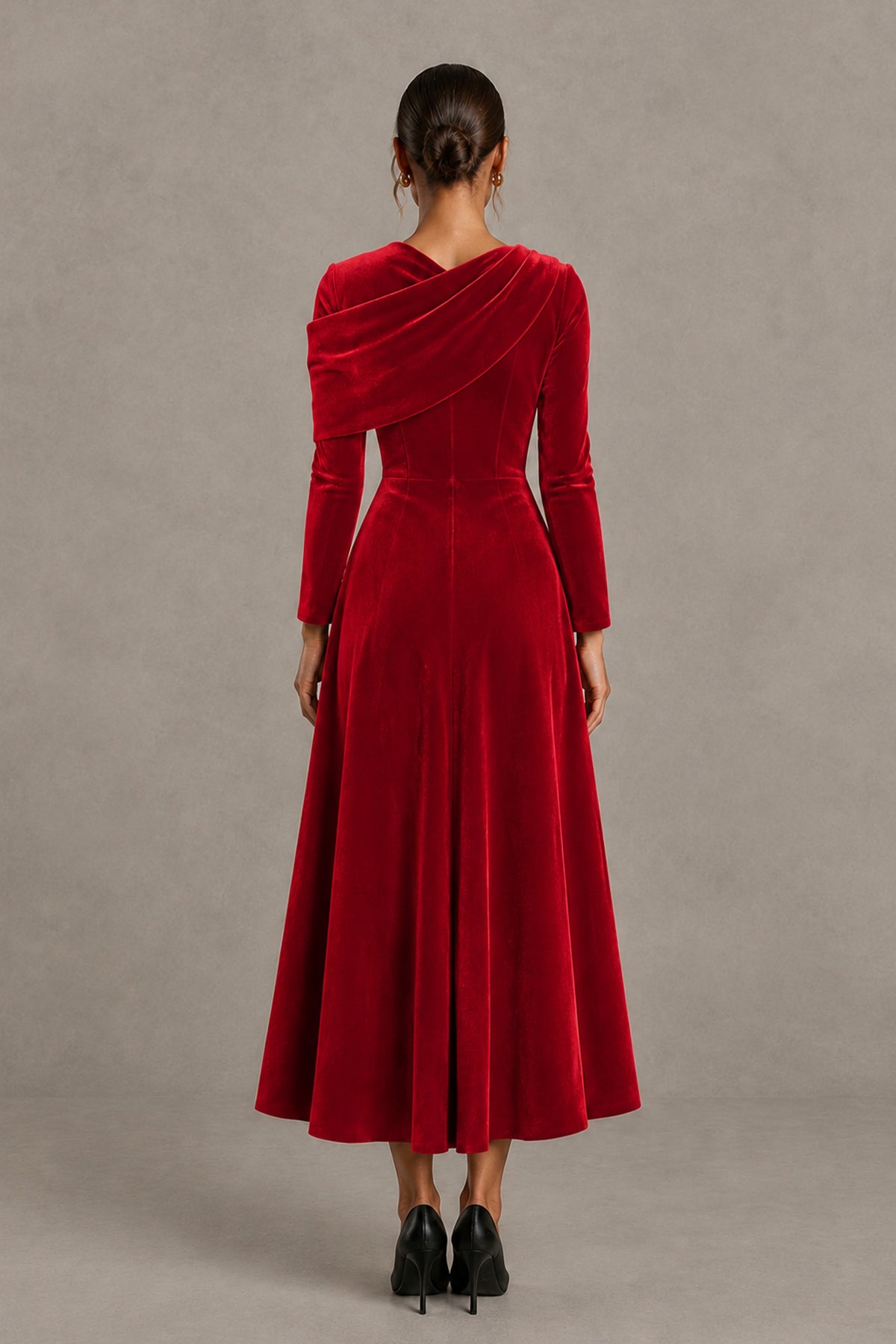 BOLODOO Red Velvet-Look Long Sleeve Tea-Length A-Line Dress with Draped Neckline - Red - Red_2
