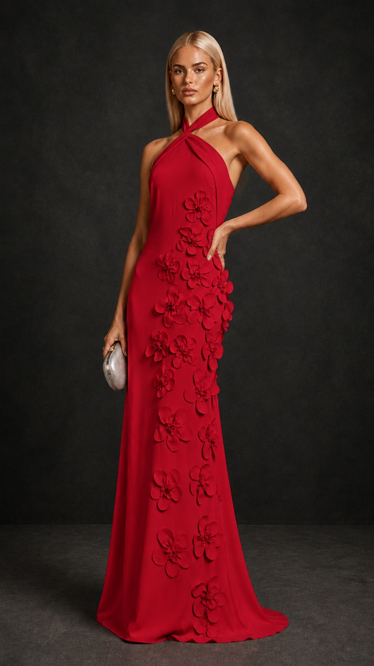 BOLODOO Red Cross Halter Neck 3D Floral Appliqué Backless Mermaid Maxi Gown - Red