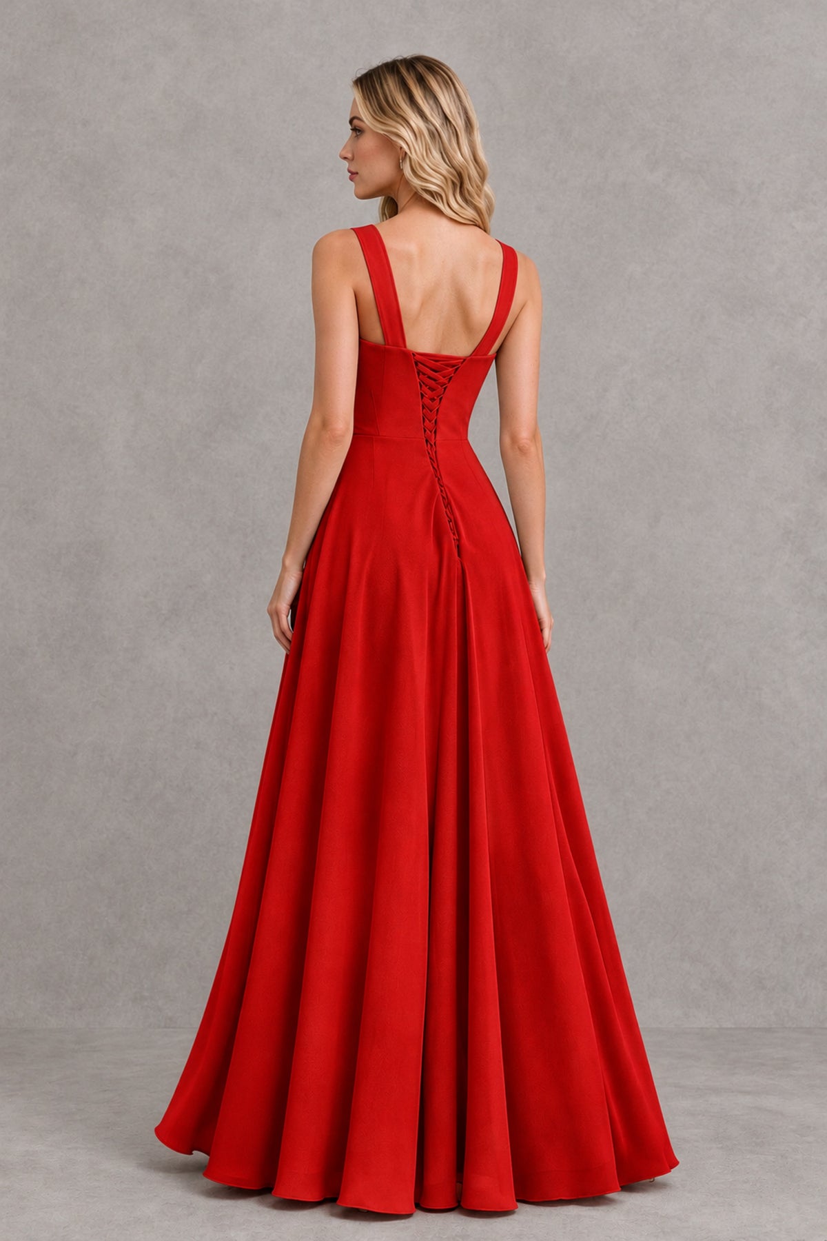 BOLODOO Red Square Neck Ruffle A-Line Bridesmaid Dress with Slit - Red - Red_2