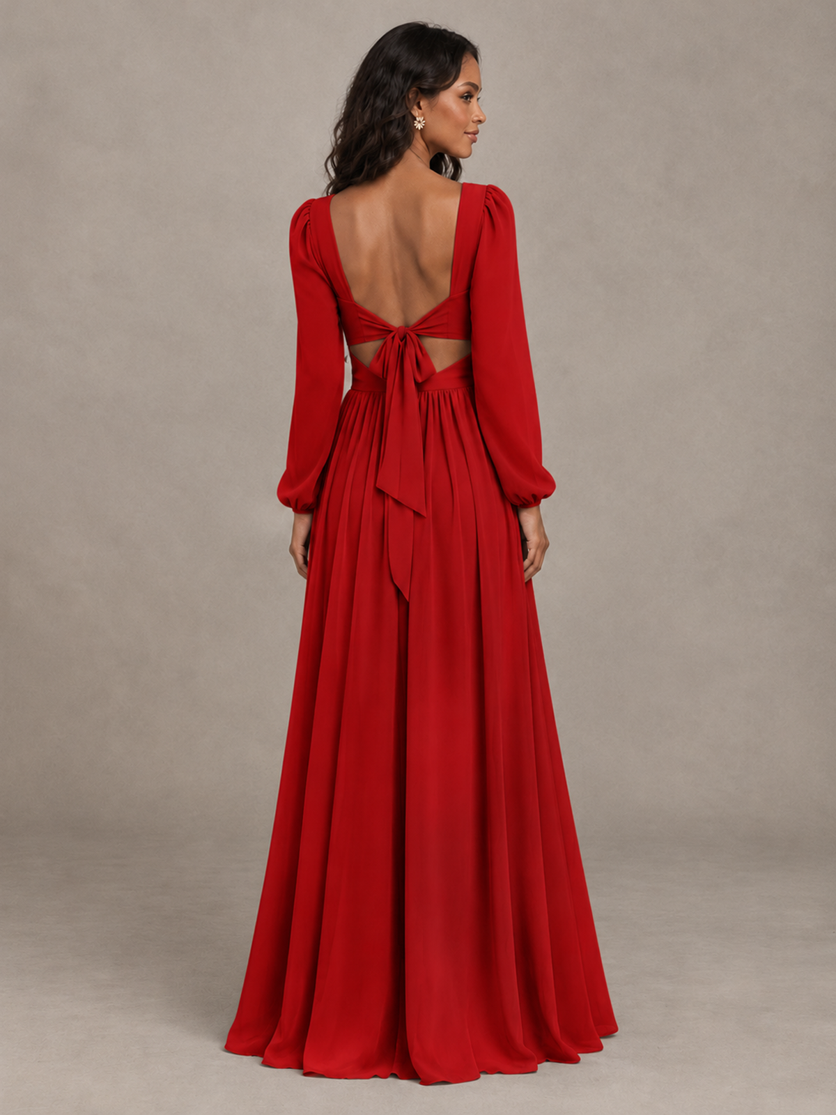 BOLODOO Red V-Neck Long Sleeve Bridesmaid Dress with Tie Back and Slit - Red - Red_2