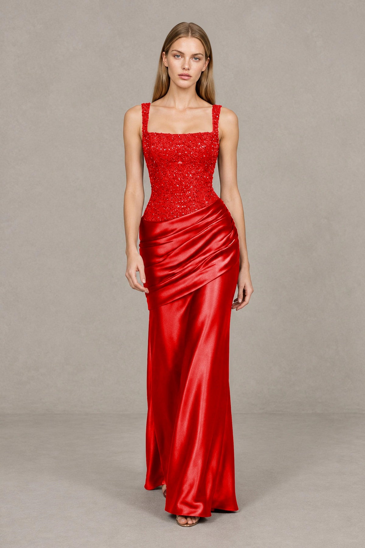 BOLODOO Red Square Neck Embellished Satin Evening Gown - Red