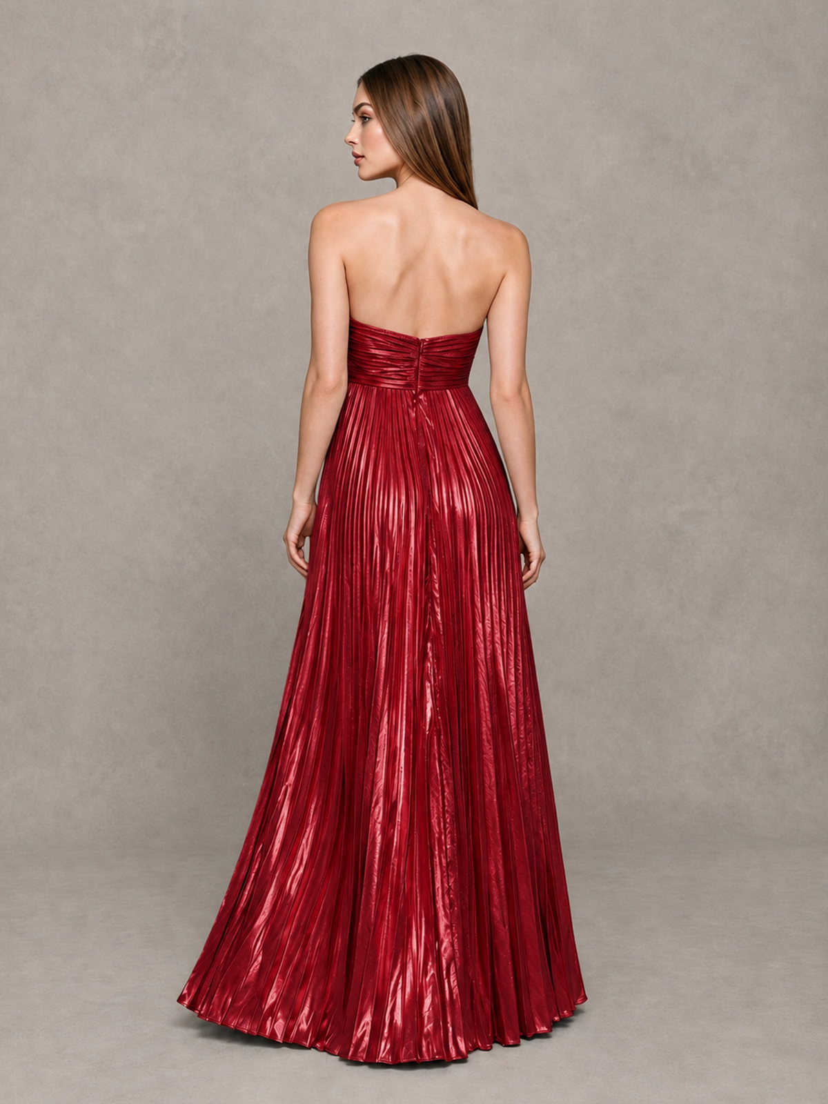 BOLODOO Red Strapless Sweetheart Metallic Pleated Maxi Dress - Red - Red_2