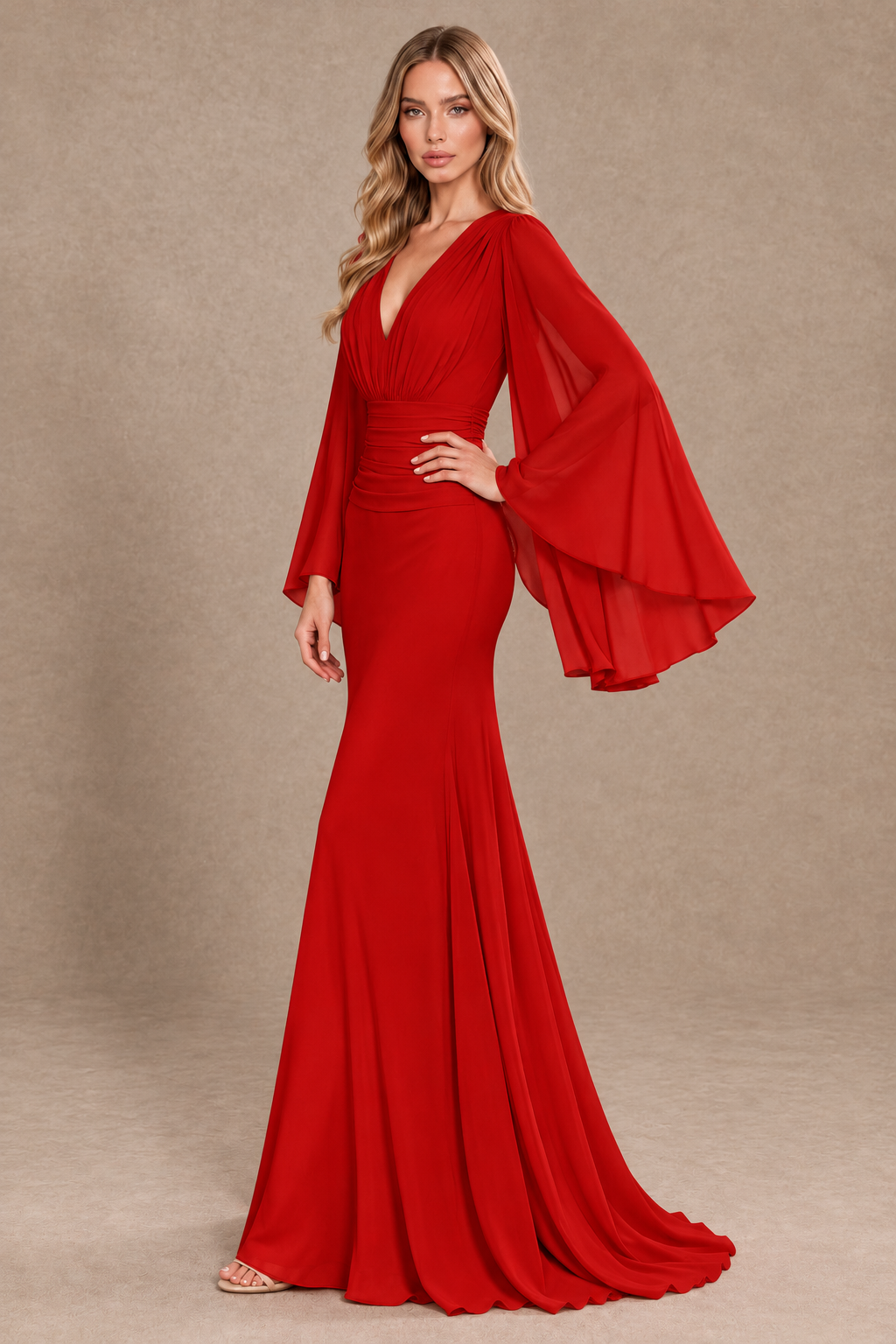 BOLODOO Red Cape Sleeve V-Neck Ruched Chiffon Evening Dress - Red - Red_2