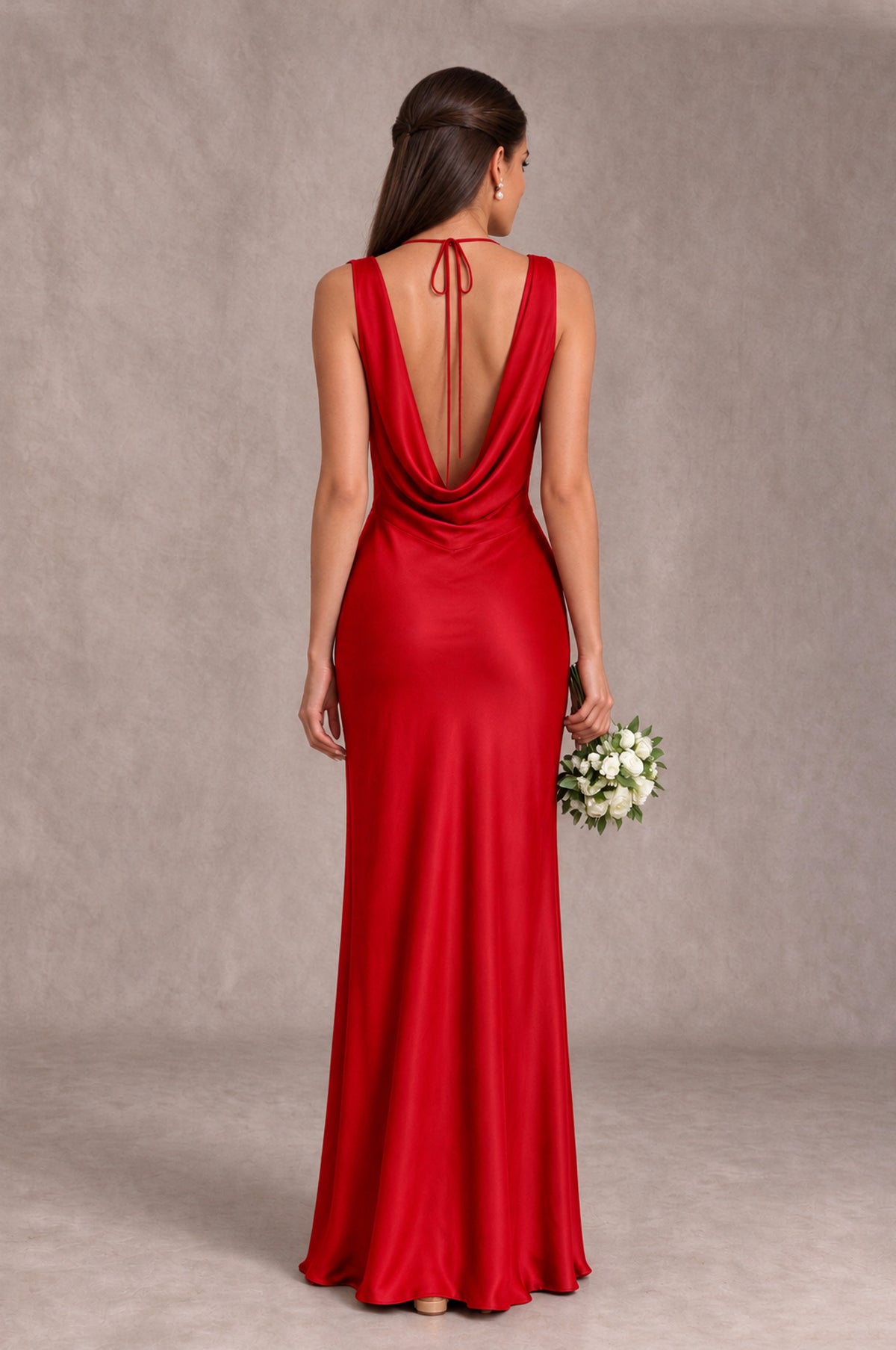 BOLODOO Red Cowl Neck Open Back Satin Bridesmaid Dress - Red - Red_2