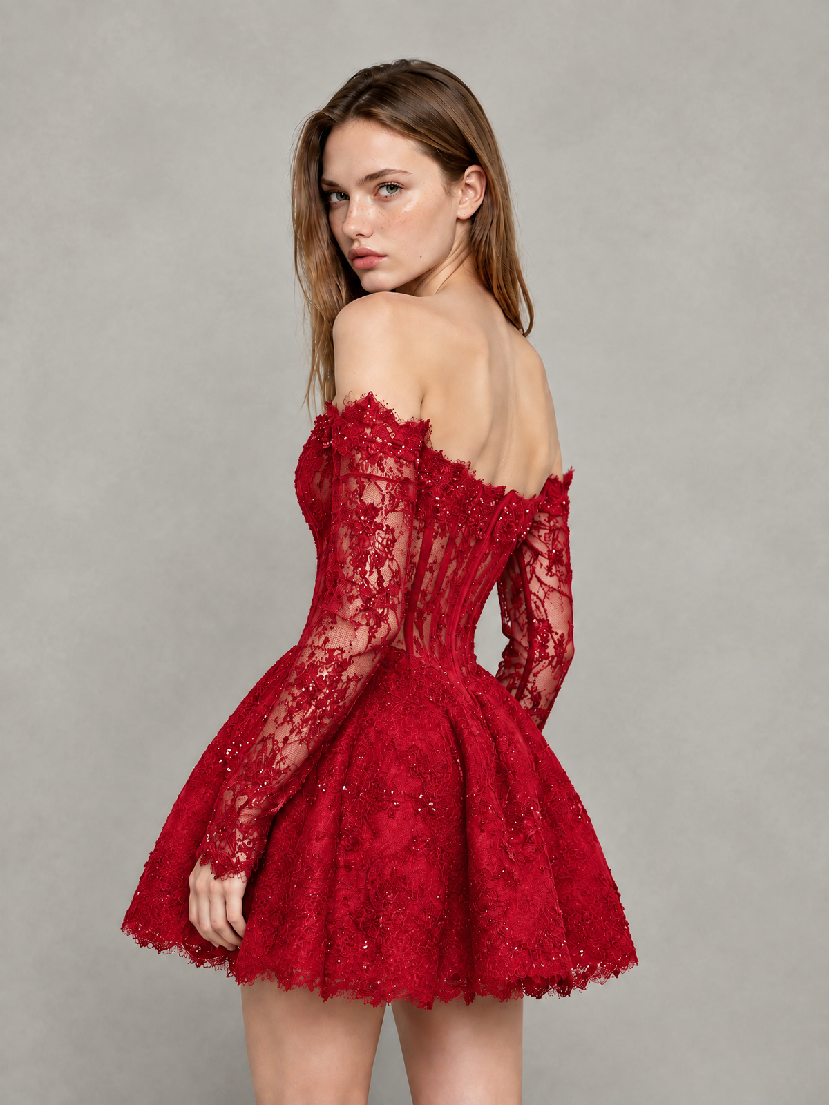 BOLODOO Red Off-Shoulder Long Sleeve Sheer Lace Sequin Corset A-Line Mini Dress | Open Back Cocktail Party Dress - Red